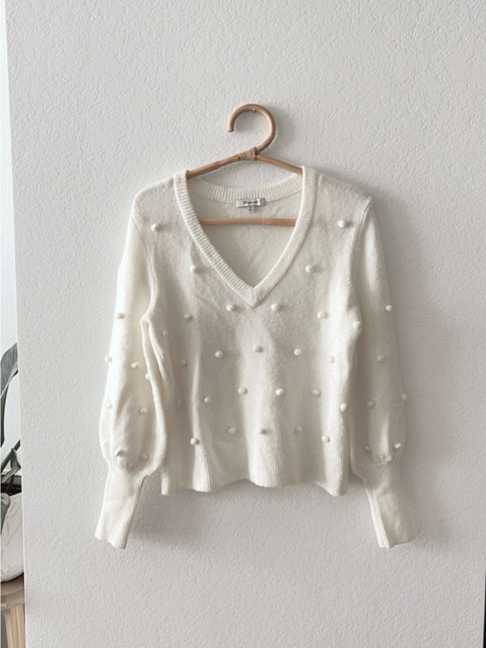 Madewell Cream Pom-Pom V-Neck Sweater